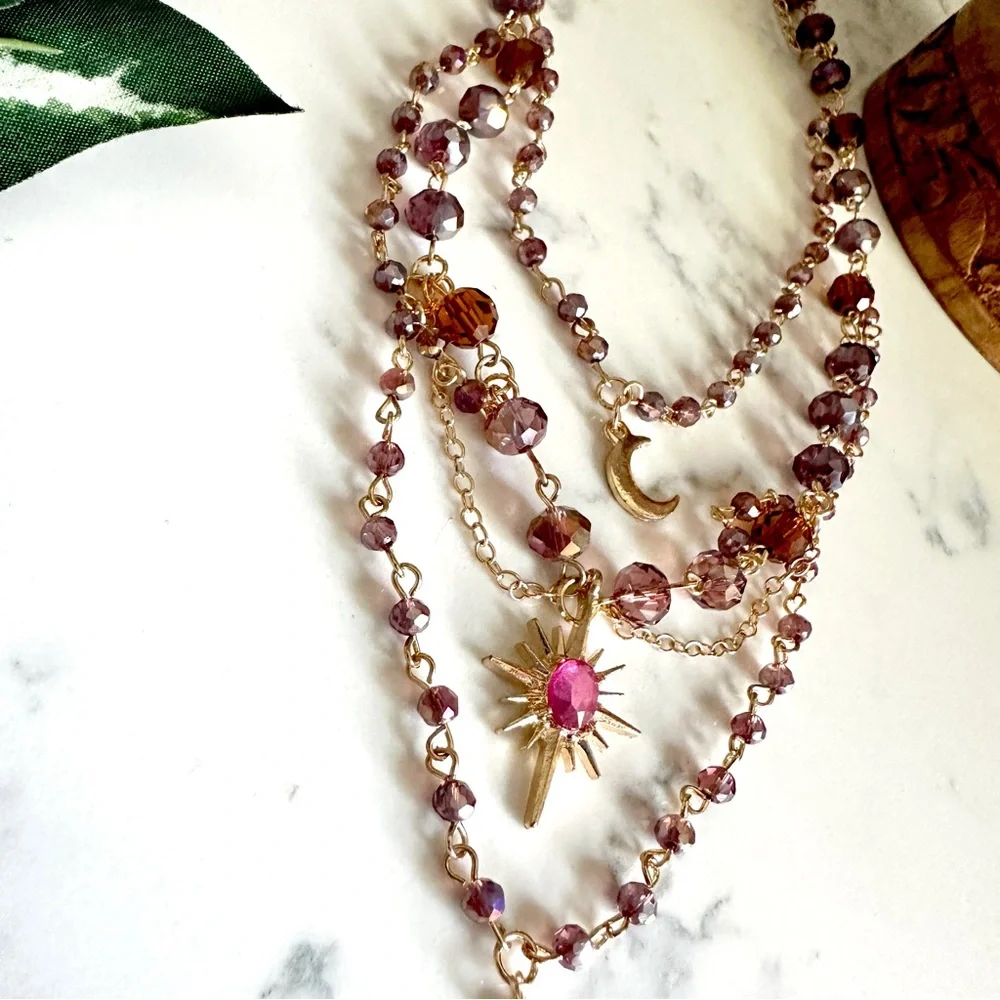 Celestial Layered Choker Necklace Star Moon Pink Purple Gold Tone Vtg Style NEW